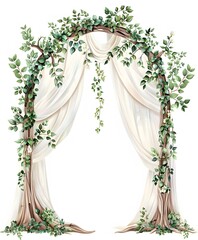 whimsical watercolor illustration of an enchanted tree arch with green leaves and vines