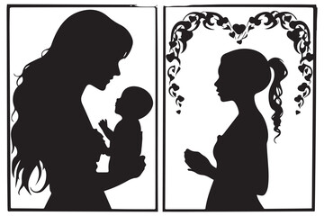 Mom and child love in the style of silhouette white backgroundmother and daughter silhouette in the heart shape vector, silhouette of a girl with heart