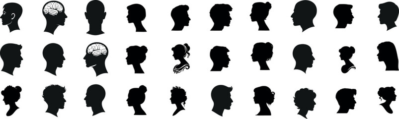 Silhouette of diverse human profiles, hairstyles, brain collection, black head shapes, people concept, white background, male, female, idea, thought, mystery, identity, anonymous, cameo silhouette