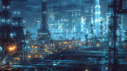 A futuristic cityscape with a large tower in the middle