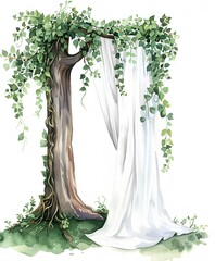 whimsical watercolor illustration of an enchanted tree arch with green leaves and vines