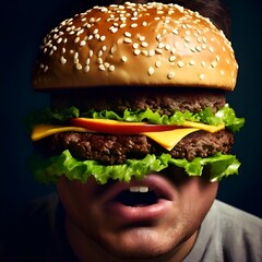 Hybrid of a Man and a Burger. A man has a cheeseburger with herbs, cheese and a beef patty instead of the top of his head.