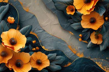 3d relief, blue flowers on gray background with golden elements. Created with AI
