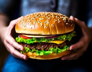 Male hands offer us a very large burger with herbs, cheese and beef patty