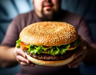 A plump man in the background hands us a very large burger with herbs, cheese and a beef patty