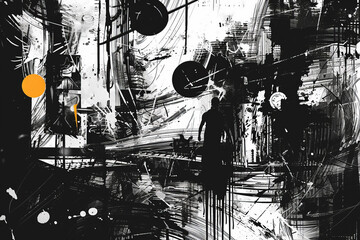 A black and white painting with a lot of splatters and splashes of paint