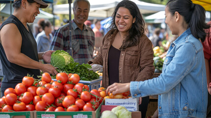 the vibrant ambiance of an outdoor market, a radiant Latin woman converses animatedly with a multiethnic farmers, their faces adorned with smiles and laughter