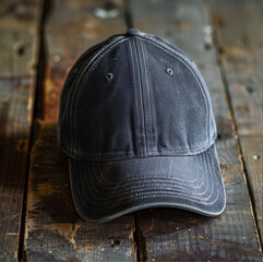 Fototapeta premium A completely blank charcoal trucker cap sitting on table wood