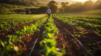 the serene setting of a regenerative organic farm, farmers tend to rows of flourishing plants