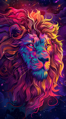 A colorful lion with a purple and blue mane and a yellow and orange face