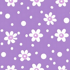 white flowers and dots on a light purple background, pattern for children's wallpaper design