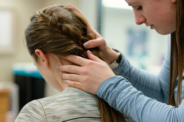 A woman is getting her hair braided by another woman