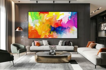 A vibrant abstract painting featuring bold splashes of color on a large canvas in a modern living room.