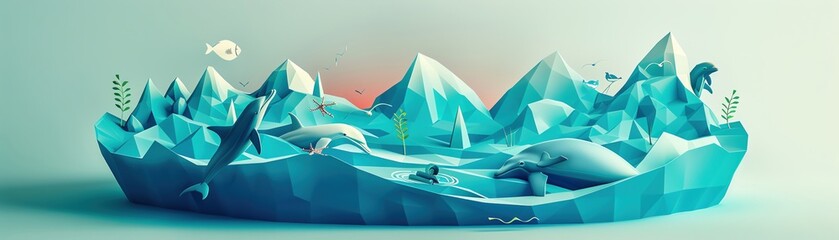 Illustrate a low poly arctic scene with a large iceberg and a polar bear swimming in the ocean. Include other arctic animals such as seals, whales, and walruses.