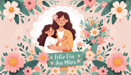 Banner de mídia social Feliz Dia das Mães no Brasil. Mãe e filha juntas cercadas por flores da primavera e uma placa de Feliz Dia das Mães. Happy mothers day card - obrazy, fototapety, plakaty