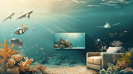 An inviting living room with a large TV on the wall displaying a beautiful coral reef - obrazy, fototapety, plakaty