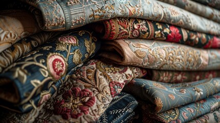 Intricate details and rich textures of vintage fabrics, such as embroidery, highlighting their timeless elegance
