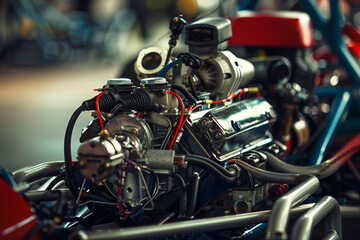 A close up of a car engine with wires and a red and blue seat
