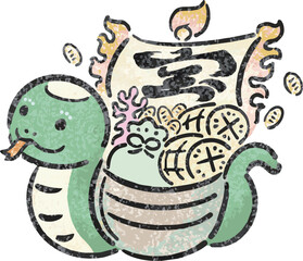 年賀状2025　年賀　宝船　巳年　巳　蛇　へび年　墨絵　水彩　日本画　かわいい　イラスト素材
