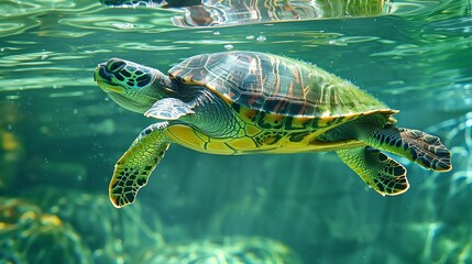 a turtle water skiing in a crystal clear water