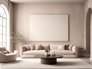  Light beige living room - modern interior hall and furniture design. Mockup for art - ivory taupe empty texture plaster microcement wall. Luxury premium nude accent lounge reception. 3d render 