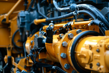 A yellow engine with many bolts and nuts