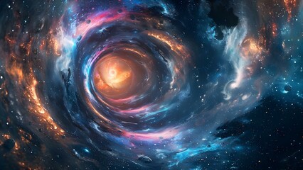 Vibrant 3D rendering of a hyperspace tunnel with an expanding galaxy. Concept 3D Rendering, Hyperspace Tunnel, Expanding Galaxy, Vibrant Colors, Sci-Fi Art