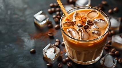 Overhead shot of iced latte in glass with ice cubes and straw. Concept Food Photography, Drink Styling, Iced Drinks, Overhead Shot, Summer Refreshment - Powered by Adobe