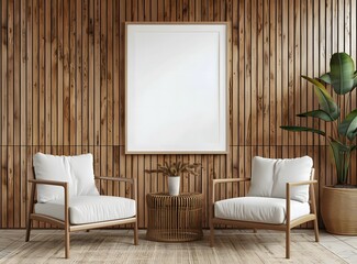 Wooden wall with vertical paneling and white frame mockup