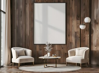 Wooden wall with vertical paneling and white frame mockup