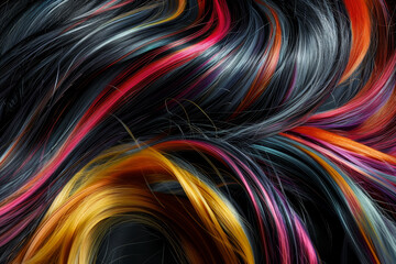 A colorful, long, curly mane of hair with a black background