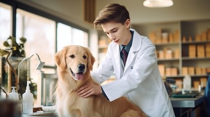 Expert veterinary care for golden retriever by attentive doctor in modern clinic setting