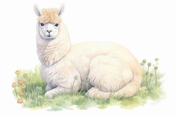 Fototapeta premium An adorable white fluffy llama painted in watercolor. It lies down amid yellow flowers in a verdant field. The llama appears content and is grinning.