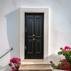 door and flowers,the striking juxtaposition of a bold black door set against a clean white wall,