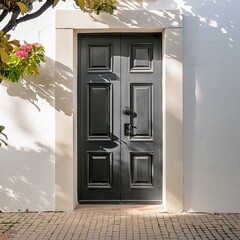 entrance to the house,the striking juxtaposition of a bold black door set against a clean white wall,