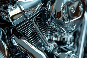A close up of a motorcycle engine with a shiny silver finish