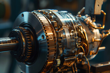 Obraz premium A large, shiny, metallic object with a number of gears and a clock face