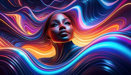 "Morphing Dreamscape: Woman's Journey in Neon"
