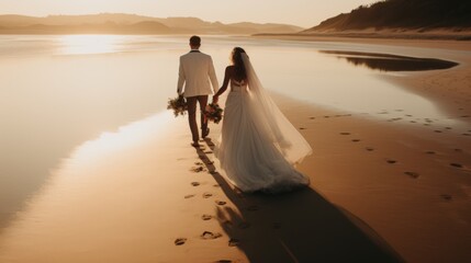 Romantic newlywed couple walking leisurely on picturesque beach shore in a wide shot