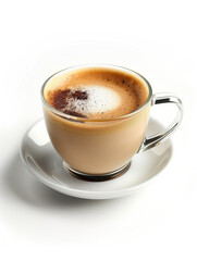Close-up of a beautifully brewed espresso in a transparent glass cup, set against white background. 