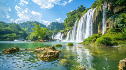 Amidst the lush green forest, a magnificent waterfall stands tall, its cascading waters catching the brilliant sunlight on a beautiful sunny day. The waterfall pours into a serene lake, creating a tro