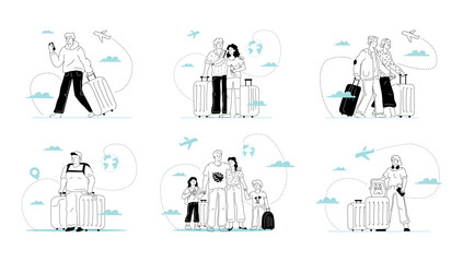 A collection of outlined illustrations of mixed people with luggage, tourists waiting for departure and travel. A family, a couple, a single passenger, a woman with a pet, a couple of pensioners.