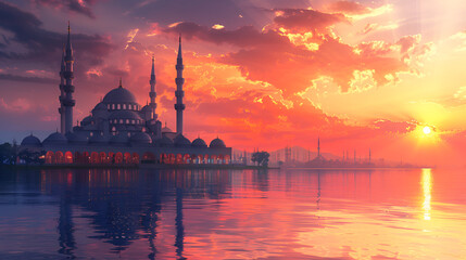 Fototapeta premium Beautiful sunset over the mosque in Abu Dhabi, United Arab Emirates 