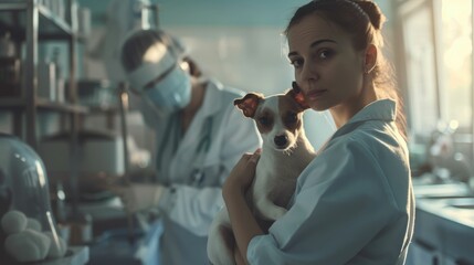 The picture of the adult veterinarian and dog staying in the office of the clinic or hospital that they working in there and take care the canine or other animal also examine them to the cure. AIG43.