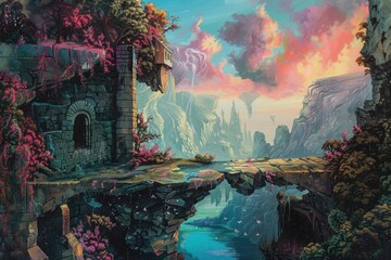 A surreal landscape painting transporting viewers to a fantastical realm, creating a sense of wonder in a room.