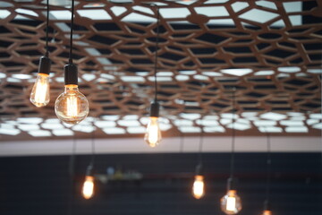 Obraz premium Electric light bulbs on wires. Loft style.