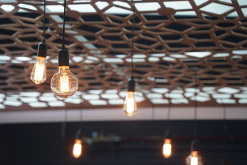 Electric light bulbs on wires. Loft style.