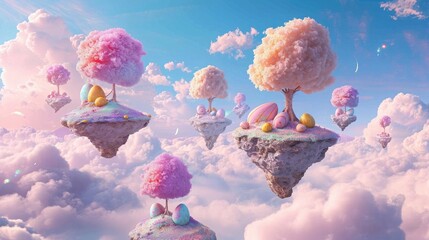 A surreal Easter archipelago, where floating islands adorned with candy trees drift through a sky painted in pastel hues.