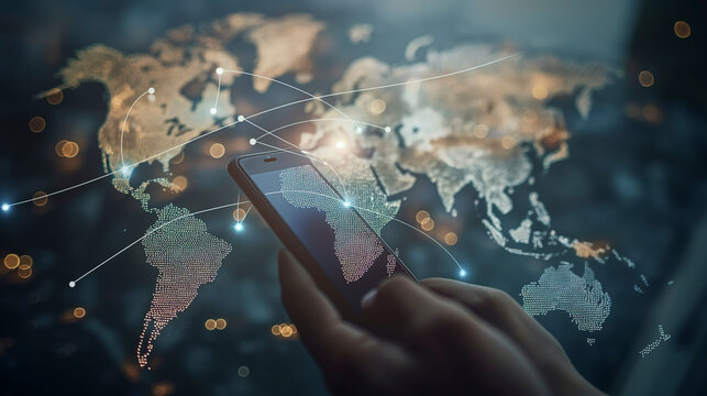 The person is holding a cell phone in front of a world map, their gesture indicating a search for entertainment, perhaps exploring the dark web of global events