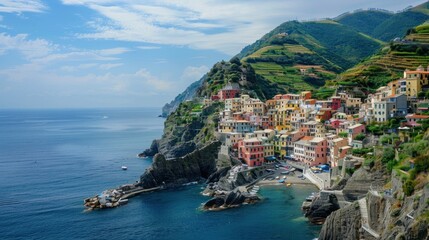 Fototapeta premium beautiful view of coastal village on hill with sea with houses and bright blue clouds